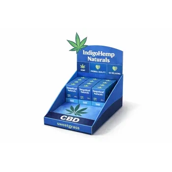 Blue CBD display box for indigo hemp products with tiered structure for enhanced retail product visibility, CBD Retail Display Box
