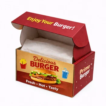 Red burger box in open style design with delicious burger print for takeaway packaging presentation, Open Burger Box