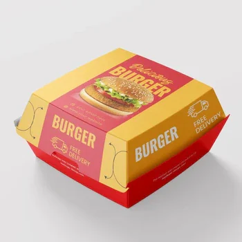 Custom burger box in yellow and red design with delicious burger print for fast food packaging, Fast Food Burger Box