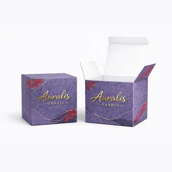 Purple candle box with gold foil stamping and elegant design for luxury candle packaging, Luxury Printed Candle Box