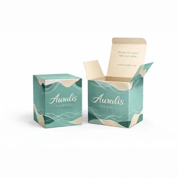 Teal candle box with wave pattern design and premium branding for candle packaging, Modern Candle Box