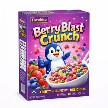 Custom cereal boxes for berry blast crunch cereal with colorful design for kids food packaging
