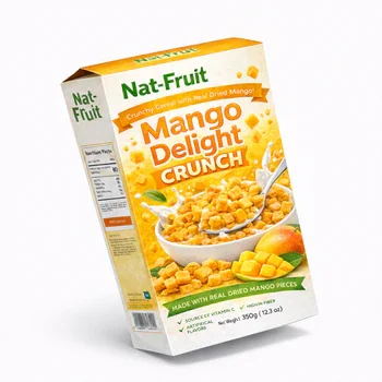 Custom cereal boxes for mango delight crunch cereal with vibrant fruit design for retail food packaging