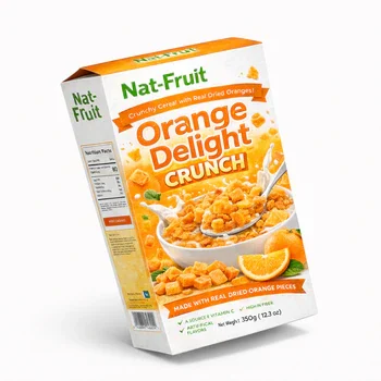 Custom cereal boxes for orange delight crunch cereal with fresh citrus design for breakfast packaging