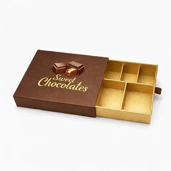 Luxury custom chocolate boxes with slide drawer design and gold insert compartments for premium chocolates