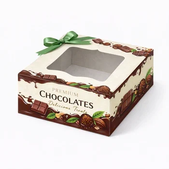 Custom chocolate boxes with transparent window and printed chocolate graphics for retail display