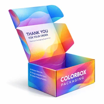 Custom printed mailer box with colorful design branded eCommerce packaging with thank you message
