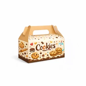 Gable style cookie box with handle and printed cookies design for takeaway bakery packaging, Gable Cookie Box
