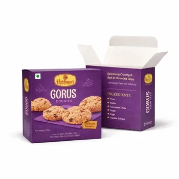 Purple cookie box packaging with gorus cookies branding and printed ingredient details, Custom Printed Cookie Box