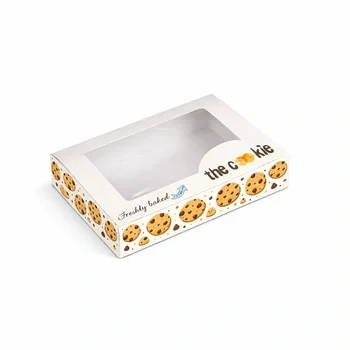 Flat cookie box with transparent window and printed cookie graphics for bakery packaging, Bakery Cookie Box