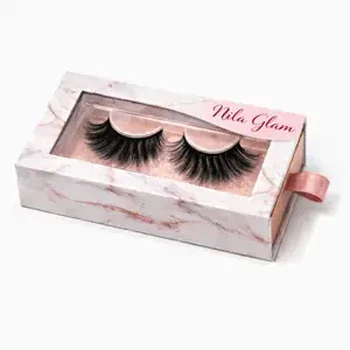 Custom eyelash drawer box in marble design with sliding tray packaging for premium false lashes presentation