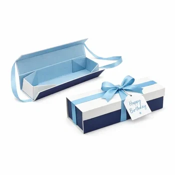 Elegant custom gift box with blue ribbon closure and luxury foldable design for premium gift packaging and presentation, Custom Gift Boxes