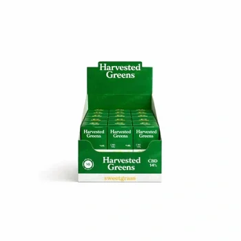 Green CBD display box for retail counter showcasing multiple product packs with branded harvested greens design, CBD Display Box