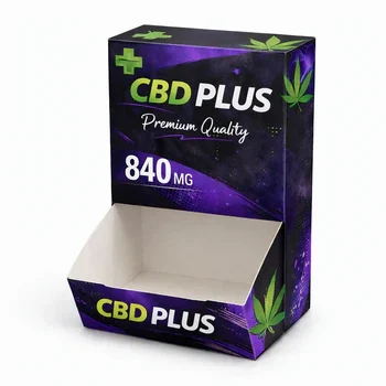 Purple CBD display box for healthy harvest products designed for retail shelf presentation and visibility