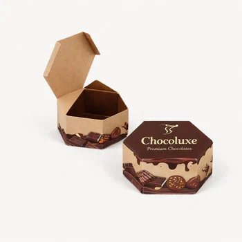 Kraft custom hexagon rigid box with chocolate-themed printing and hinged lid for eco-friendly packaging