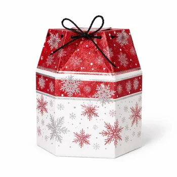 Red and white custom hexagon rigid gift box with snowflake design and rope handle for festive packaging