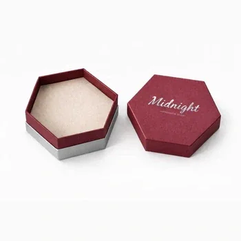 Two piece custom hexagon rigid box in shoulder and neck style with separate lid and base in midnight red finish