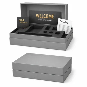Elegant grey influencer box with rigid structure and custom insert for PR kits and product presentation, Influencer Boxes