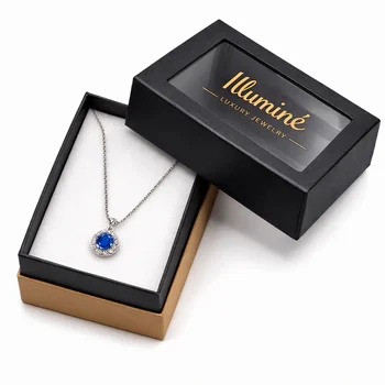 Black custom jewelry box with transparent window and soft insert for premium necklace packaging and display, Custom Jewelry Boxes