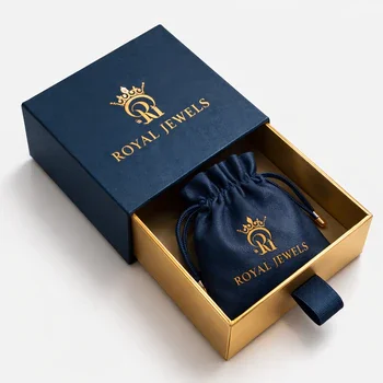 Navy blue custom jewelry drawer box with gold interior and pouch for luxury jewelry packaging and branding, Custom Jewelry Boxes