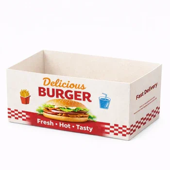 Large burger tray box for fast food serving and takeaway packaging with printed design, Burger Tray Box