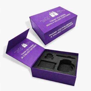 Purple custom PR box with foam insert compartments and magnetic lid for influencer PR kits packaging, PR Boxes Purple Insert
