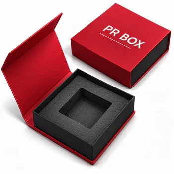 Red custom PR box with magnetic closure and foam insert for luxury influencer packaging and product presentation, PR Boxes Red Magnetic