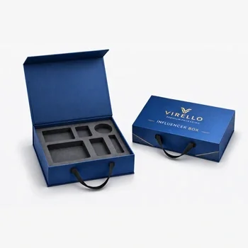 Custom PR box in blue with handle and foam insert for influencer kits and premium product packaging