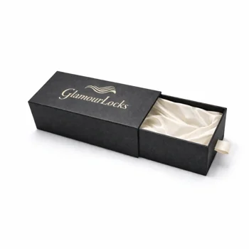 Custom black presentation drawer box for hair extensions and beauty product packaging