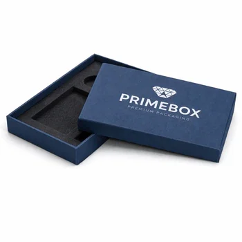 Custom presentation box in blue with lid and base telescoping design and foam insert for premium product packaging