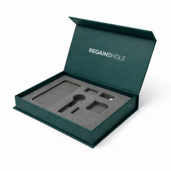 Luxury green presentation box with magnetic lid and custom foam insert for branded product packaging