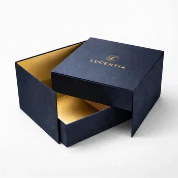 Navy blue custom rigid two-piece box with gold interior for luxury product packaging and premium brand presentation, Custom Rigid Boxes