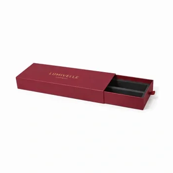 Red custom slide drawer box for cosmetics packaging with premium finish and branded design, Custom Slide Match Style Boxes
