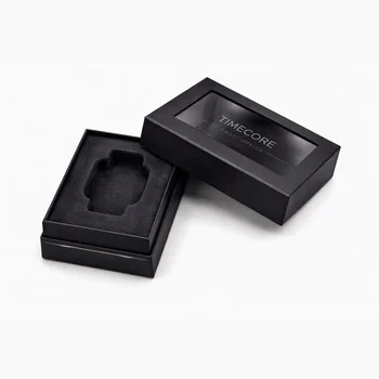 Black custom telescoping box with transparent window and foam insert for watch packaging and product display, Custom Telescoping Boxes
