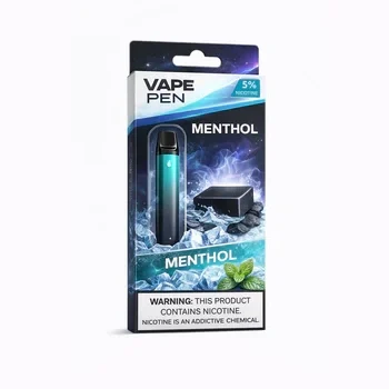 Menthol vape pen packaging box with window cut design and warning label for nicotine product display, Vape Pen Packaging Box