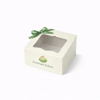 White bakery box with window and ribbon for elegant cake packaging and gifting presentation, Luxury Bakery Box