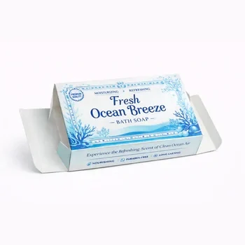 Fresh Ocean Breeze bath soap packaging box with dual side opening, premium printed cardboard soap box with blue ocean design, moisturizing and refreshing soap packaging