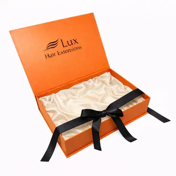 Luxury rigid hair extension box with ribbon closure satin lined premium beauty packaging