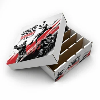 Custom sports card box with die cut partitions and printed lid for organized trading card storage